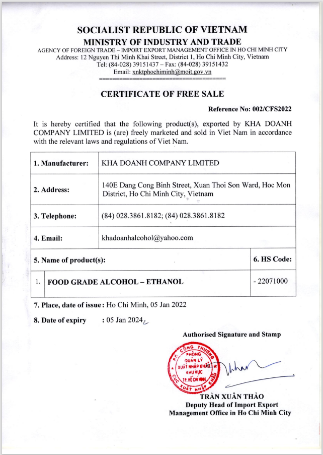 CERTIFICATE OF FREE SALE