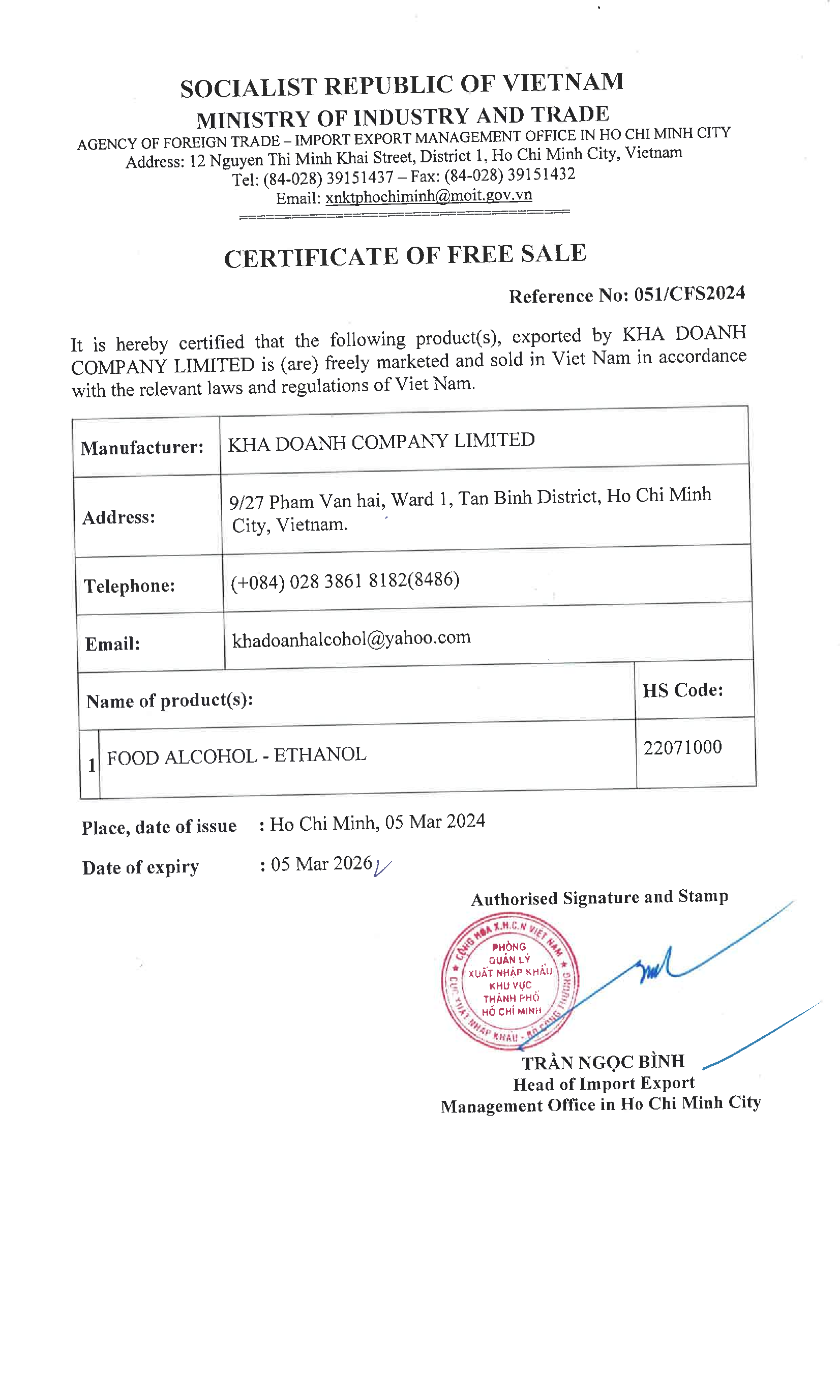 GIẤY CN NHẬN LƯU HÀNH TỰ DO - CFS