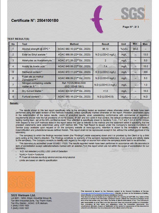 KIỂM NGHIỆM NĂM 2025 TỪ SGS CỒN ĐẠT TIÊU CHUẨN THỰC PHẨM QCVN 6-3:2010/BYT